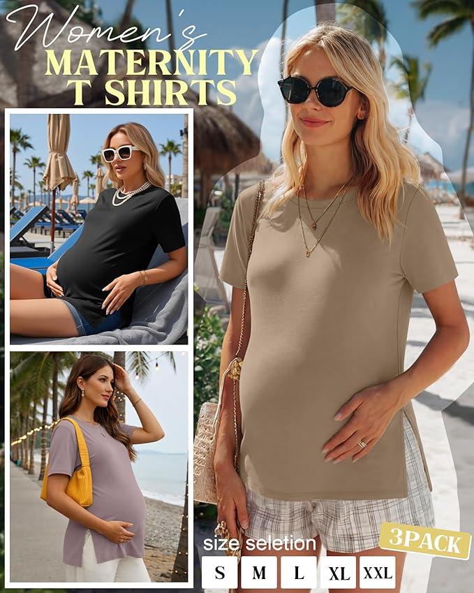 Ficerd 3 Pack Women's Maternity T Shirts, Short Sleeve Side Split Pregnancy Tops Casual Crew Neck Pregnant Tees Mama Clothes