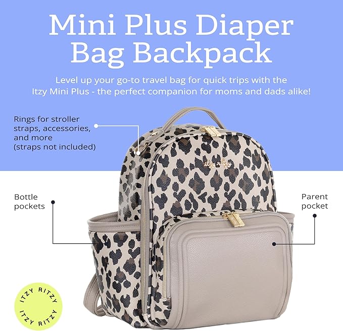 Itzy Ritzy Mini Diaper Bag Backpack – Chic, Compact Mini Plus Backpack with Changing Pad, 10 Pockets (6 Internal, 4 External), Grab-Top Handle & Rubber Feet (Leopard)