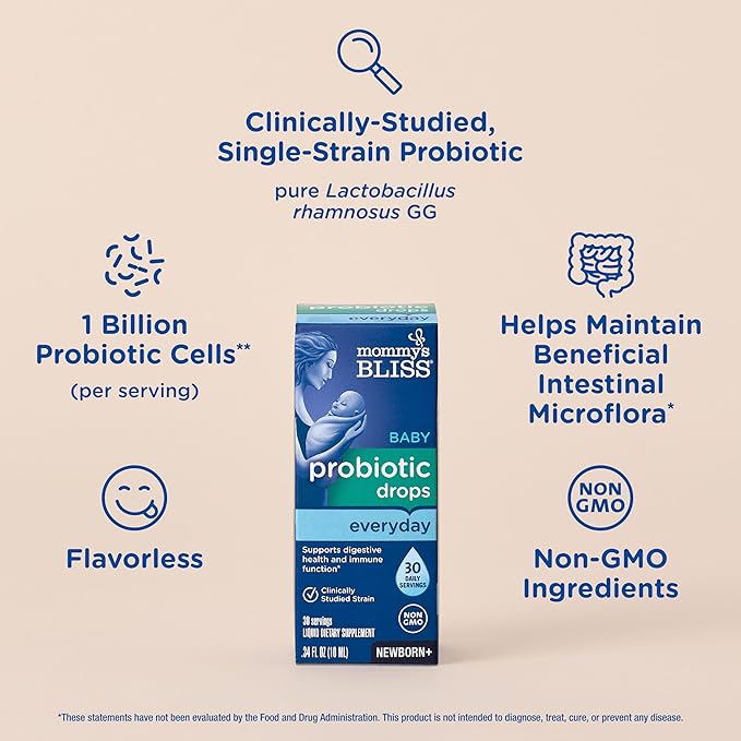 Mommy's Bliss Baby Probiotic Drops Everyday - Gas, Constipation, Colic Symptom Relief - Newborns & Up - Natural, Flavorless, 0.34 Fl Oz