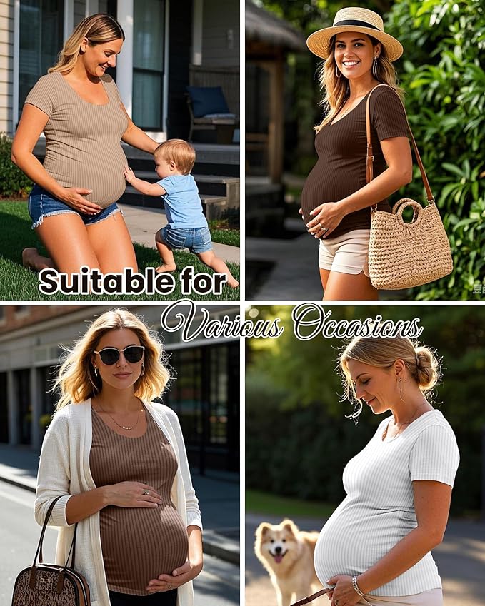 Neer 3 Pack Women's Ribbed Maternity Tops Pregnancy Round Neck Shirts Short Sleeve Soft Maternity Clothes for Mama