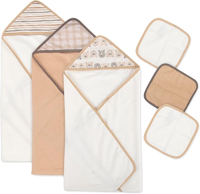 Hooded Baby Bath Towel and Washcloth 6 Piece Set for Newborns, Infants & Toddlers, Boys & Girls Baby Hooded Towels Set (Teddy Bears & Stripes)