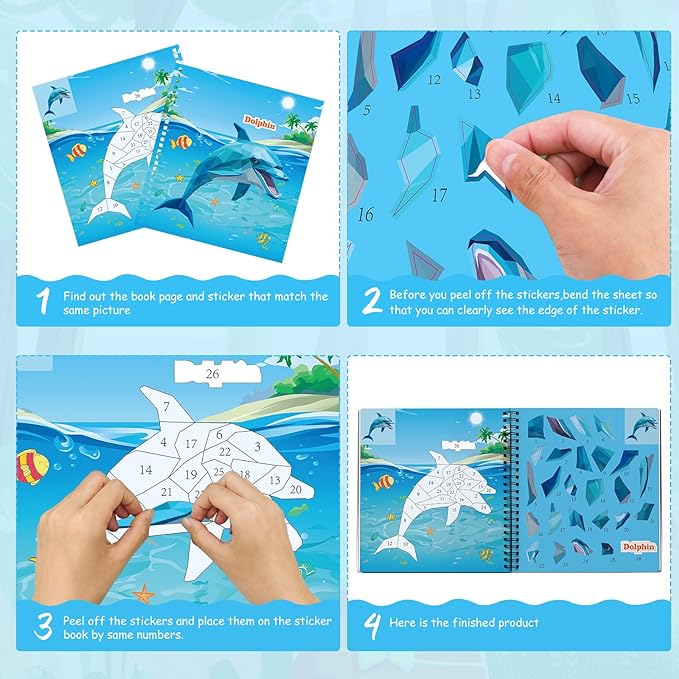 homicozy 4PCS Sticker Paint Books for Kids Ages 4-10,Dinosaur Astronaut Ocean Animals Designs Paint by Stickers,Sticker by Numbers,Party Birthday Gifts for Boys 4-10,Create 40 Pictures at a Time