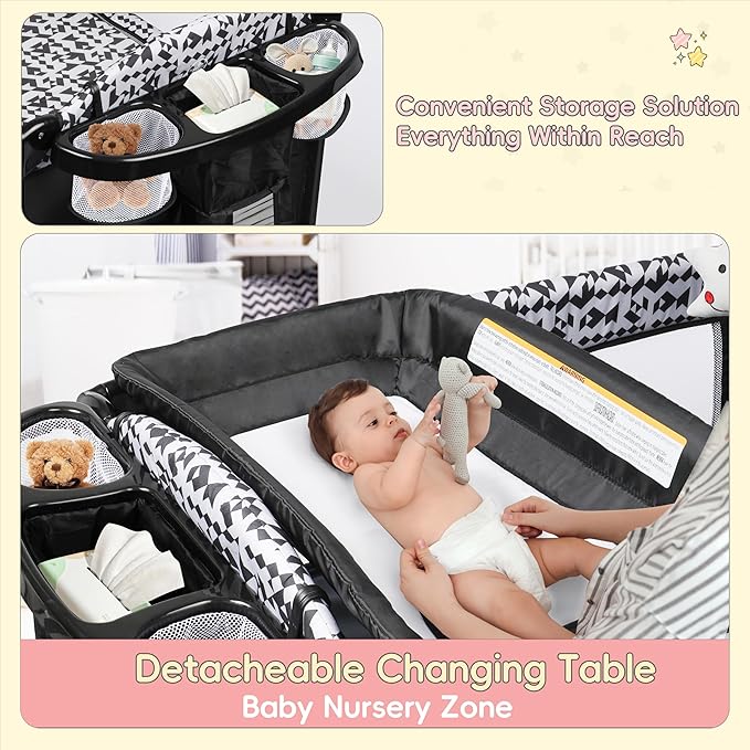 Xilingol 5-in-1 Baby Bassinet Bedside Sleeper, Baby Pack and Play with Changing Table, Portable Crib with Carry Bag, Cosleeper Bassinet Attach to Bed for Newborn to Toddlers
