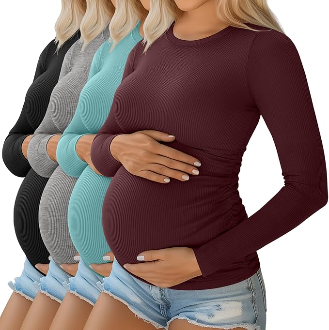 Ficerd 4 Pack Women's Maternity Shirts Cotton Long Sleeve Ribbed Crew Neck Pregnancy Tops Side Ruched Casual Mama Clothes
