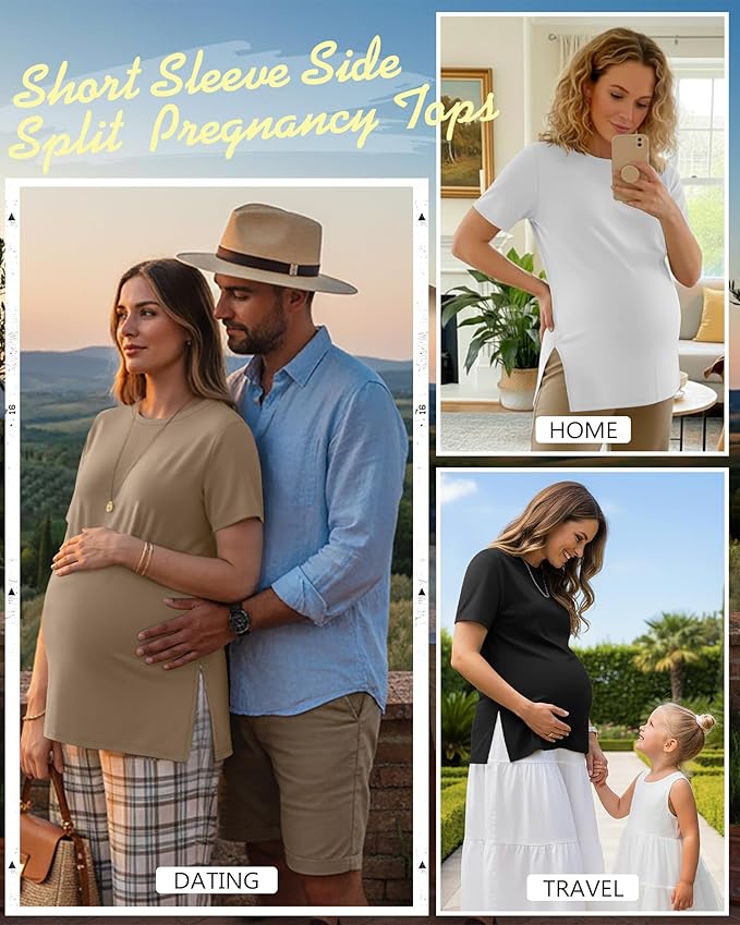 Ficerd 3 Pack Women's Maternity T Shirts, Short Sleeve Side Split Pregnancy Tops Casual Crew Neck Pregnant Tees Mama Clothes