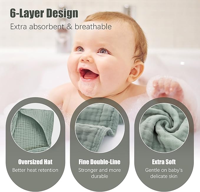 2 Pack Hooded Baby Towels - 100% Muslin Cotton for Newborns, Infants, Toddlers - Large 32x32Inch Size - Highly Absorbent and Essential for Newborn Care, Green and Grey