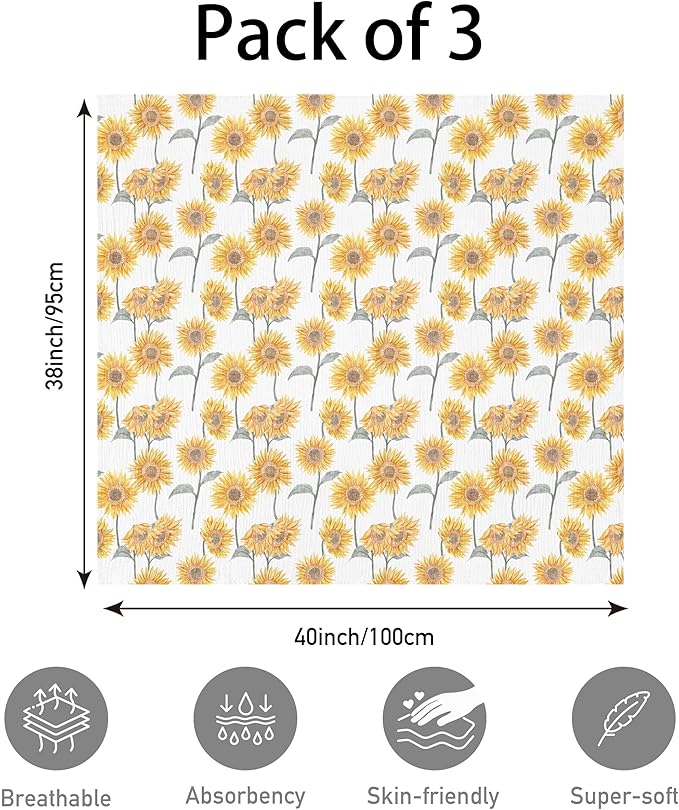 Muslin Swaddle Blankets for Newborn, 3 Pack Breathable Soft Receiving Blanket, Large 38 x 40 inches Swaddle Wrap Burping Clothes, Essentials Infant Shower Items, Toddler Gift (Sunflower)