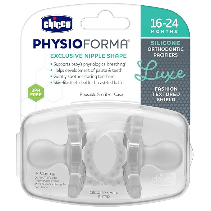 Chicco PhysioForma Luxe Orthodontic Pacifier, 16-24m | 100% Soft Silicone | Supports Breathing & Oral Development | Textured Shield & Handle | Includes Sterilizing Case | BPA Free | Crystal, 2pk