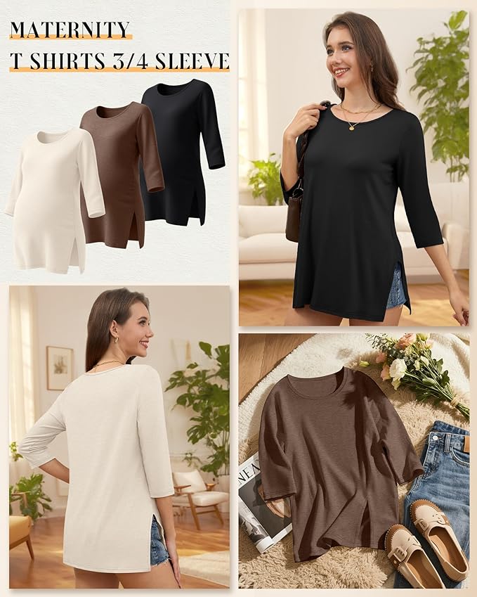 3 Pack Women's 3/4 Sleeve Maternity Shirts Elbow Length Clothes Round Neck Tunics Pregnancy Loose Side Split Tops