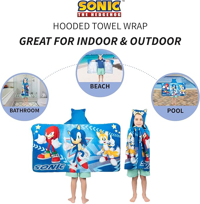 Sonic The Hedgehog, Anime, Bath/Pool/Beach Soft Cotton Terry Hooded Towel Wrap, 24 in x 50 in, By Franco Kids