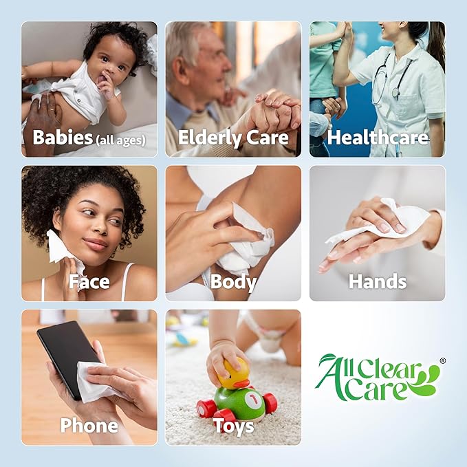 All Clear Care Baby Wipes, Unscented Wipes for Sensitive Skin, Large Soft Durable & 99% Water Based, Gentle & Hypoallergenic for Babies & Adults, Vitamin E and Aloe, Flip Top Lid, 3 Pack (240 Wipes)