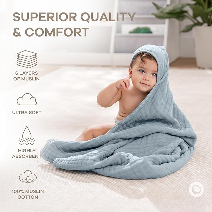 Comfy Cubs Hooded Baby Towel 2-Pack, Large 32 x 32 Inch - 6 Layer 100% Muslin Cotton for Babies, Toddlers and Kids - Soft & Absorbent Baby Bath Towels - Unisex Design for Bath Time - Pacific Blue