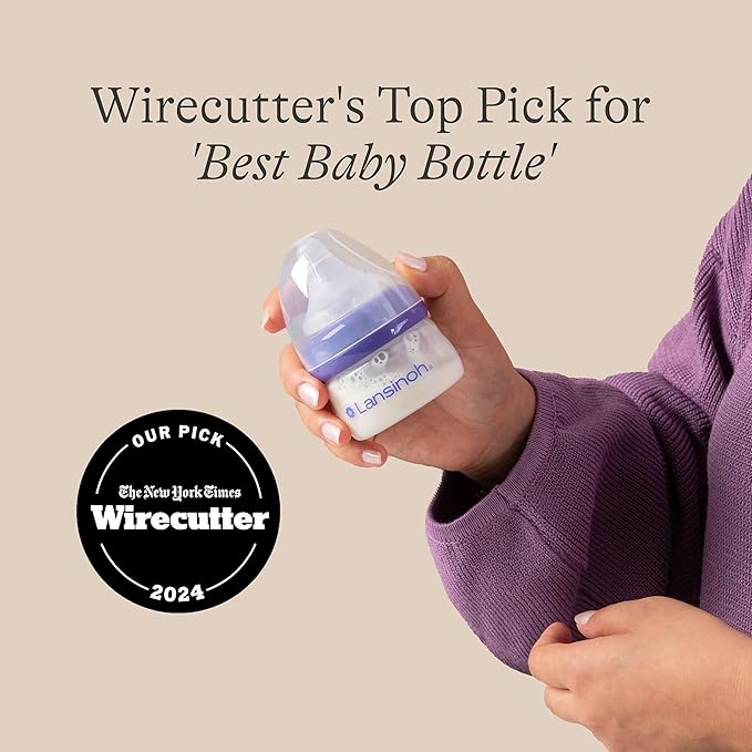 Lansinoh Anti-Colic Baby Bottles for Breastfeeding Babies, 2 Ounces, 2 Count, with 2 Extra Slow Newborn Flow Nipples, Size XS