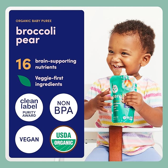 Cerebelly Organic Baby Food Pouches, Broccoli Pear Purees, 16 Nutrients, No Added Sugar, Fiber & Non-GMO, 4oz, 12 Pack