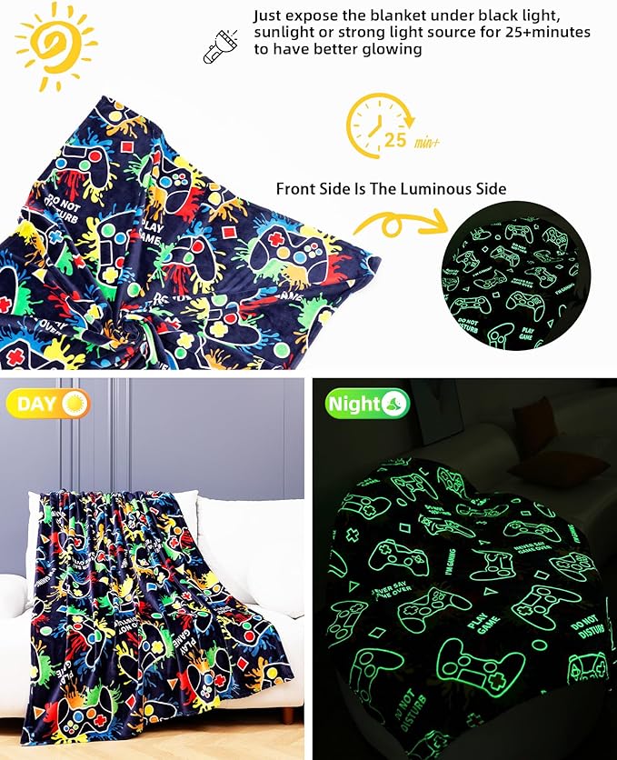 Gaming Gifts for Gamer Glow in The Dark Blanket: Cool Birthday Glowing Presents Toys for Video Game PC Gamers Men Teen Boys Kids Adults Girls Valentines Easter Christmas Ideas Throw Navy Blue 60x50 In