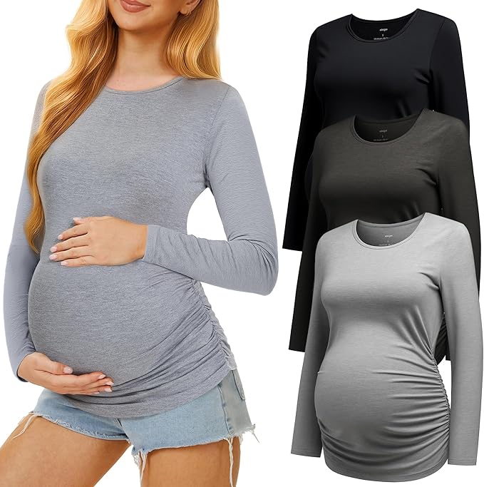 3 Pack Maternity Shirts Long Sleeve Pregnancy Top for Women with Crew Neck Casual Tee Shirts