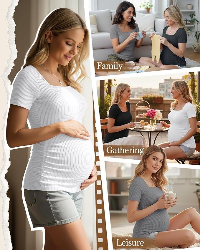 Huukeay 4 Pack Women's Maternity Shirts Cotton Ribbed Short Sleeve Square Neck Pregnancy Tops Side Ruched Summer Tee