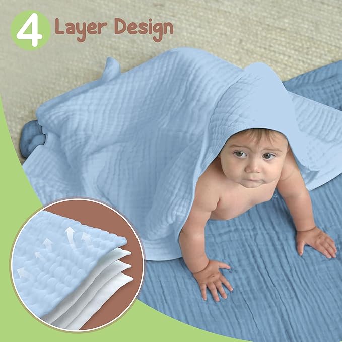 100% Organic Cotton Muslin Baby Hooded Towels 32x32 Inch – 2 Pack Soft & Absorbent Baby Towels with Hood for Boys & Girls, Premium Hooded Towels, Gentle Baby Essentials in Deep Blue/Aquarius