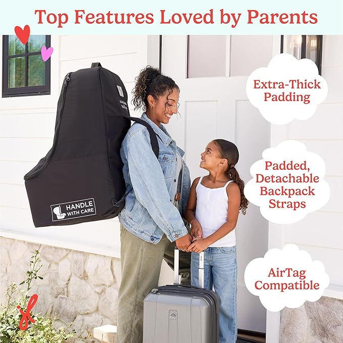 J.L. Childress Padded Backpack Car Seat Bag - Travel Bag for Airplane, Fits Most Baby & Infant Car Seats, Boosters, & Carriers, Accessories for Gate or Baggage Check, AirTag Compatible - Deluxe, Black