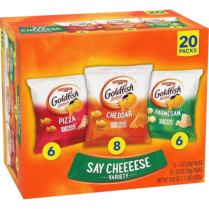 Goldfish Crackers Say Cheeeese Variety Pack with Cheddar, Pizza and Parmesan, Snack Packs, 20 Ct (18.8 Ounces)