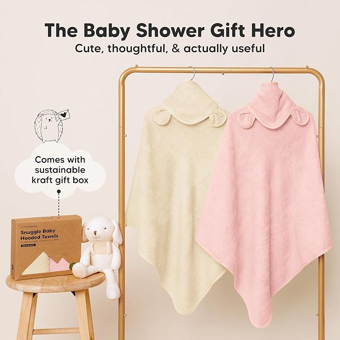 KeaBabies 2-Pack Hooded Baby Towels for Newborn - 35x35 Soft & Absorbent Viscose From Bamboo Baby Bath Towels with Hood for Infant,Toddler,Kids,Boys Girls,Newborn Bath Essentials (Rose Ivory, Regular)