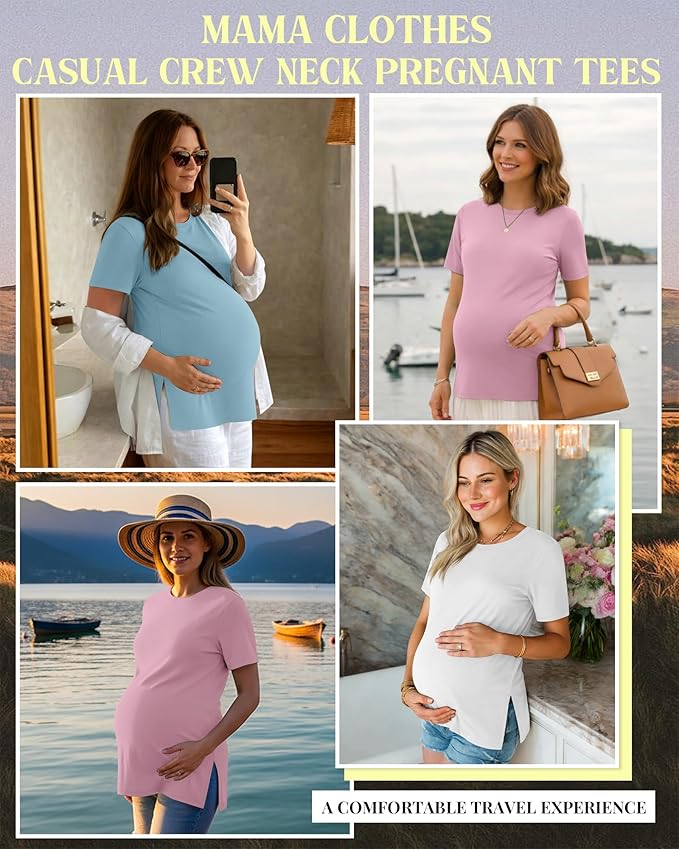 Ficerd 3 Pack Women's Maternity T Shirts, Short Sleeve Side Split Pregnancy Tops Casual Crew Neck Pregnant Tees Mama Clothes