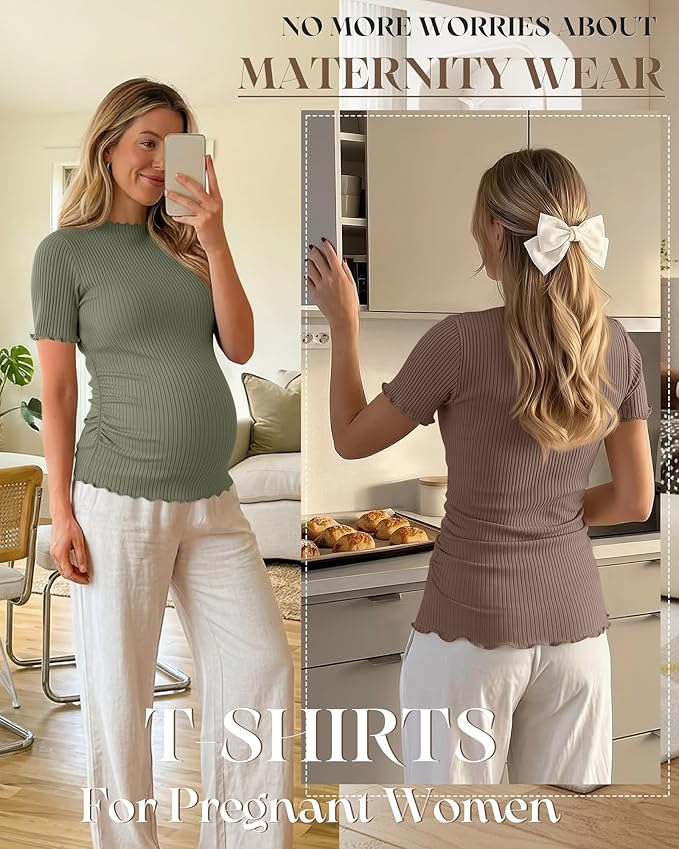 3 Pack Women's Maternity Tops Short Sleeve Ribbed Knit Maternity Shirts Crew Neck Side Ruched Pregnancy Clothes