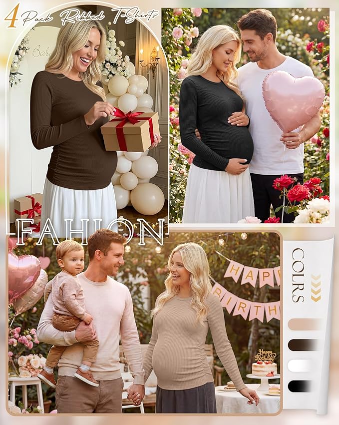 Ficerd 4 Pack Women's Maternity Shirts Cotton Long Sleeve Ribbed Crew Neck Pregnancy Tops Side Ruched Casual Mama Clothes