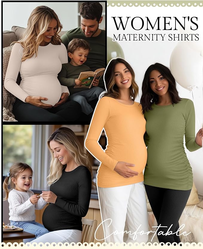 Ficerd 4 Pack Women's Maternity Shirts Cotton Long Sleeve Ribbed Crew Neck Pregnancy Tops Side Ruched Casual Mama Clothes