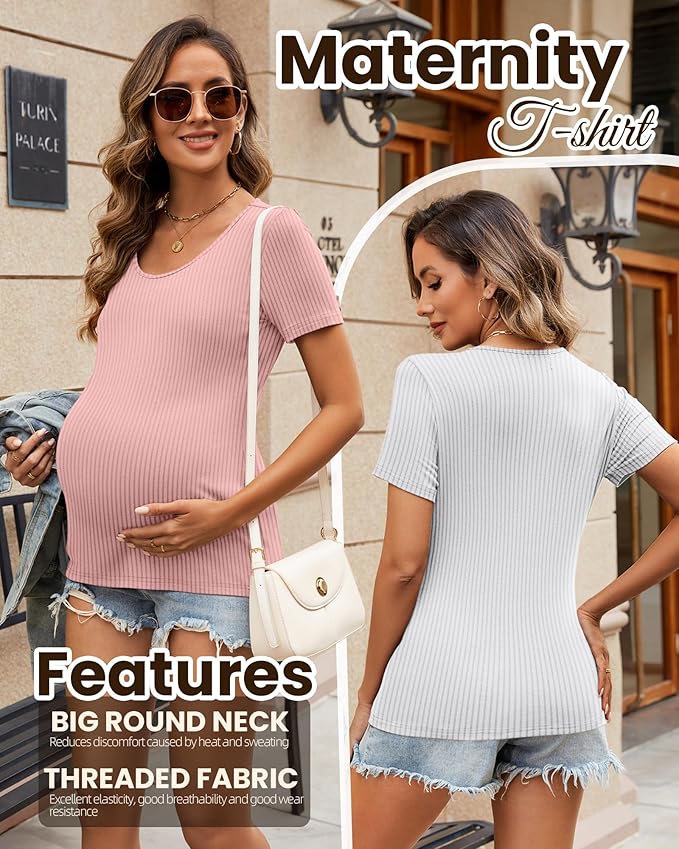 Neer 3 Pack Women's Ribbed Maternity Tops Pregnancy Round Neck Shirts Short Sleeve Soft Maternity Clothes for Mama