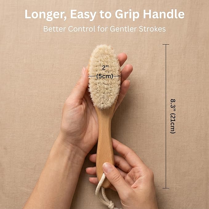 Wooden Baby Hair Brush with Natural Goat-Hair Bristles - Ultra Soft Baby Brush for Newborns & Infants with a Cotton Travel Pouch - Helps with Cradle Cap Care - 21cm Easy Grip Beech Wood Handle