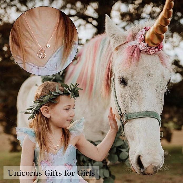 Hidepoo Valentines Gifts for Kids Girls - Unicorn Necklace Gifts for Teen Girls Kid, Colorful CZ Heart Pendant Initial Unicorn Necklaces for Girl Jewelry Birthday Gift for Girl Kid