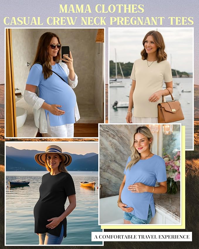 Ficerd 3 Pack Women's Maternity T Shirts, Short Sleeve Side Split Pregnancy Tops Casual Crew Neck Pregnant Tees Mama Clothes