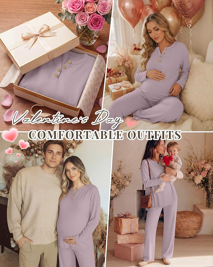 2 Piece Thermal Maternity Lounge Set Postpartum Pregnancy Fleece Loungewear Long Sleeve Top and Wide Leg Pant
