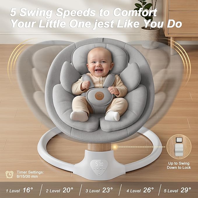 Baby Swings for Infants, FasonBaby Electric Baby Swing with 10 Preset Melodies, 5 Speeds, Remote Control and Bluetooth - Portable Infant Swing for Indoor and Outdoor(Grey)