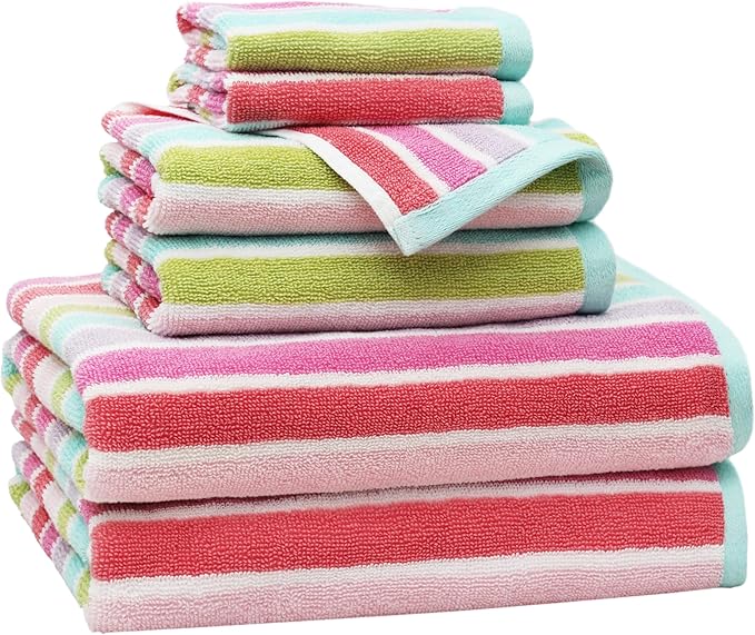 ORIGINAL KIDS 6 Piece Towel Set - 2 Bath Towels, 2 Hand Towels, 2 Washcloths - 100% Cotton - Soft Absorbent Quick Dry - Durable Pool Shower Beach - Gift - Pink Multi