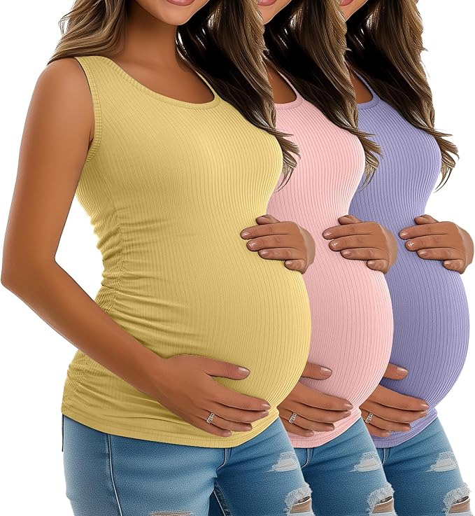 Riyiper 3 Pack Women's Maternity Tank Tops, Sleeveless Cotton Pregnancy Shirts Ribbed Knit Sides Ruched Basic Mama Clothes