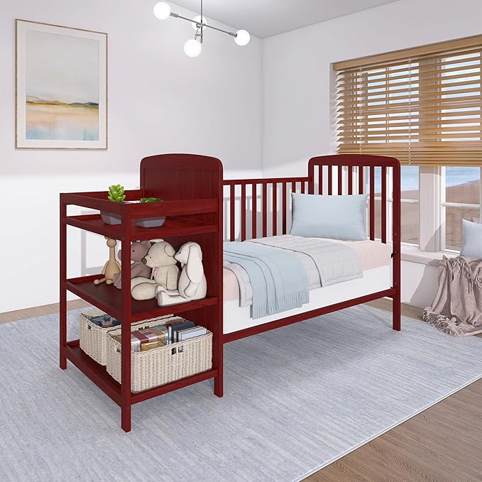 Dream On Me Anna 3-in-1 Convertible Full-Size Baby Crib & Changer with Storage in Cherry, GreenGuard Gold & JPMA, Pinewood, Converts to Day & Toddler Bed, 3 Mattress Heights, 1″ Changing Pad
