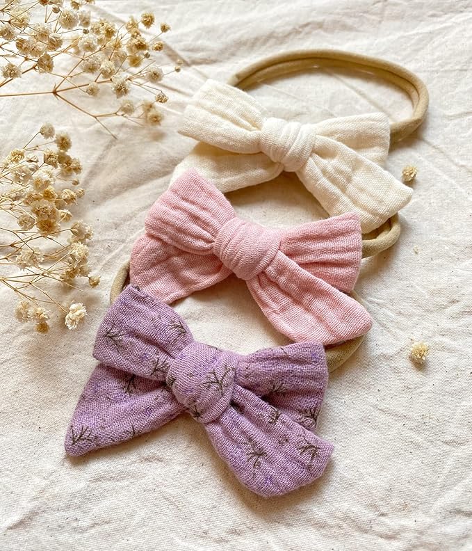 Cherssy Baby Muslin Hair Bows and Headbands, 10pcs Soft Nylon Hairbands for Newborn, Infants, Toddlers