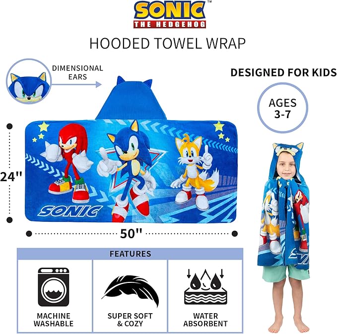 Franco Sonic The Hedgehog,Anime,Bath/Pool/Beach Soft Cotton Terry Hooded Towel Wrap,24 in x 50 in Kids,(Pack of 2)