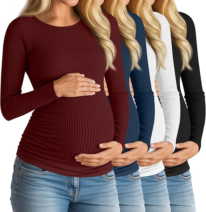 Huukeay 4 Pack Women's Maternity Shirts, Long Sleeve Cotton Ribbed Pregnancy Tops Side Ruched Crew Neck Casual Mama Clothes