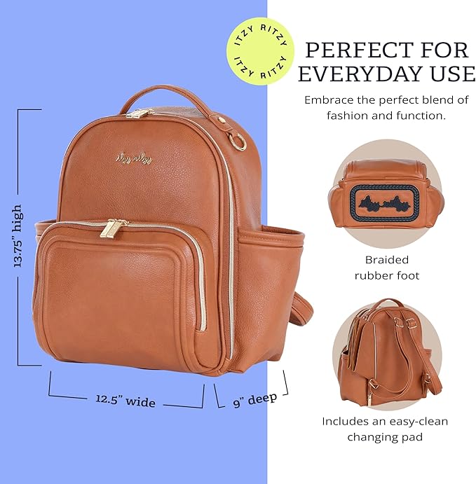 Itzy Ritzy Mini Diaper Bag Backpack – Chic, Compact Mini Plus Backpack with Changing Pad, 10 Pockets (6 Internal, 4 External), Grab-Top Handle & Rubber Feet (Cognac)