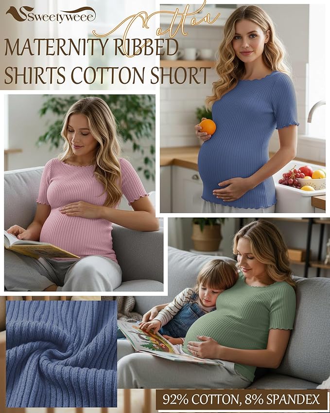 3 Pack Women's Maternity Ribbed Shirts Cotton Short Sleeve Pregnancy Tops Boat Neck Lettuce Trim Mama Clothes
