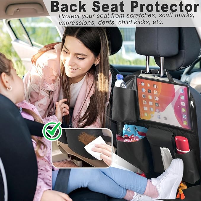 Car Seat Organizers,Multi-functional Back Seat Protectors, Storage Pouches, Child kicking prevention and Tray Holders Kick Mats Back (for Cars, Kids,and Rear Seats) (Black, 1 Pack)