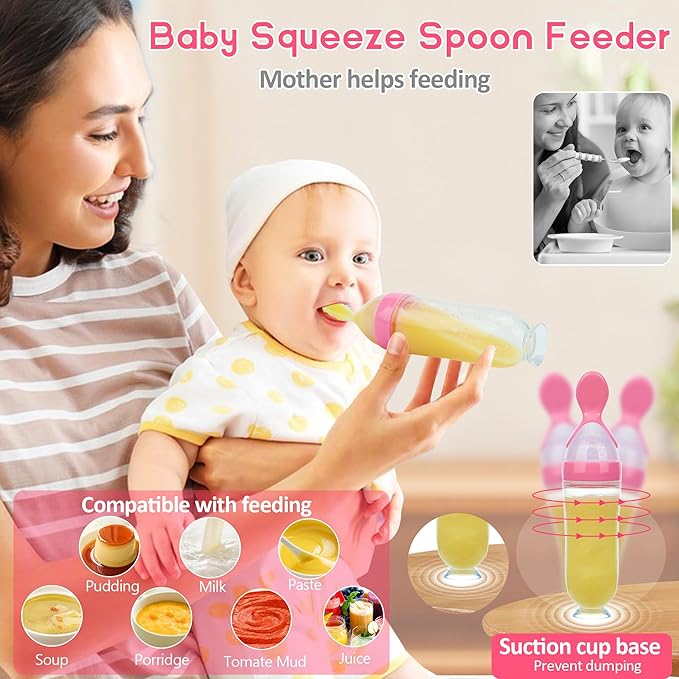 WAJIAYON Baby Fruit Feeder Pacifier | 2 Infant Food Feeder Pacifier & 1 Baby Food Dispensing Spoon | Mesh Fresh Fruit Teethers for Babies Teething Feeders | Shower Gifts for Boys and Girls (Pink)