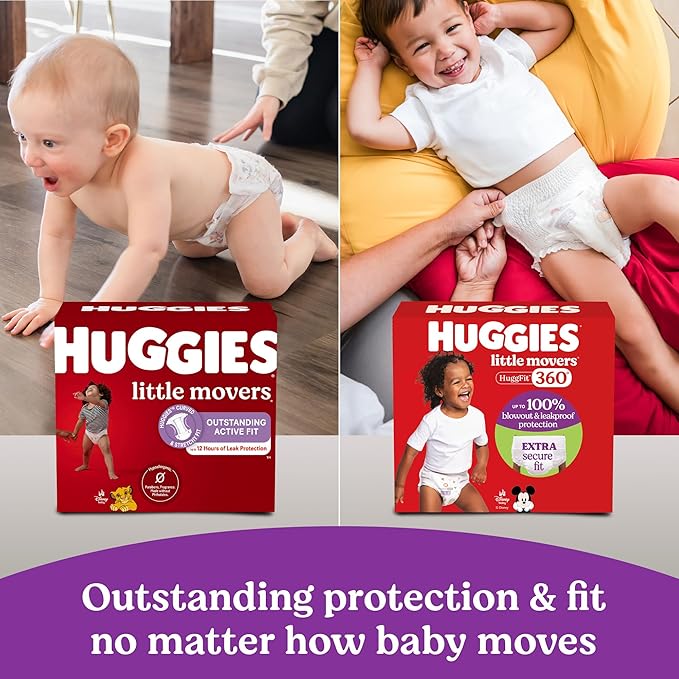 Huggies Size 4 Baby Diapers, Little Movers HuggFit 360° Baby Diapers with 360° Waistband, Size 4 (22-37 lbs), 116 Count, Packaging May Vary