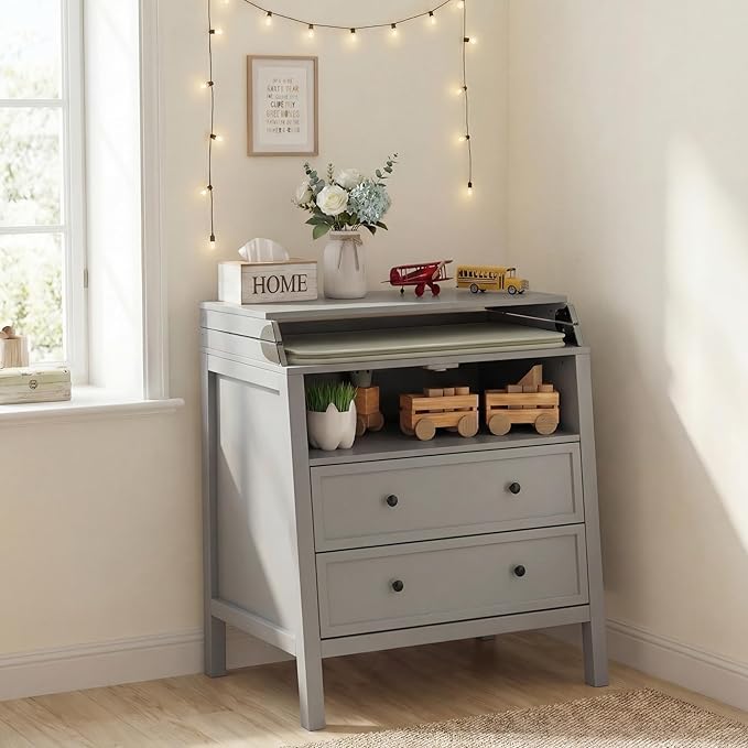 UbabyNest Baby Changing Table with Foldable Tabletop, Baby Dresser with 2 Wide Drawers & Open Storage Space, Modern Diaper Changing Station, Perfect for Nursery, Grey (Pad Not Included)