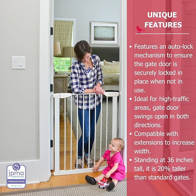 Cardinal Gates XTPPG Extra Tall Pressure Mounted Baby Gate - Adjustable Indoor Dog Gate - 36 Inch Tall Steel Safety Gate for Kids & Pets - 29.5 to 32.5 Inches Wide - White