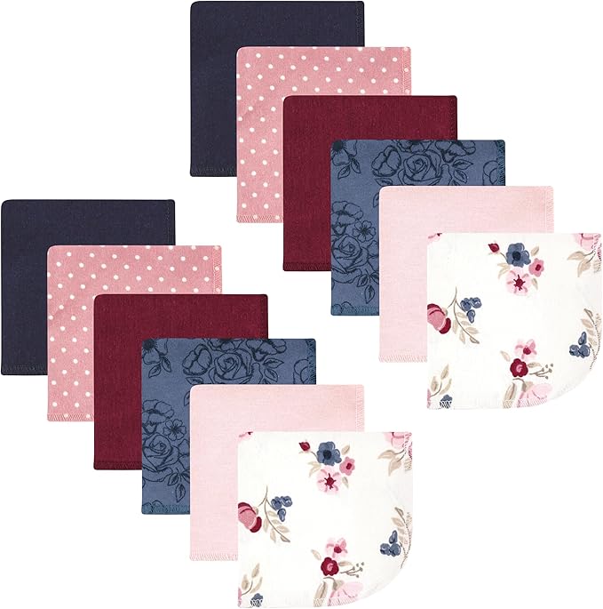 Hudson Baby Unisex Baby Flannel Cotton Washcloths, Dusty Rose Floral 12 Pack, One Size