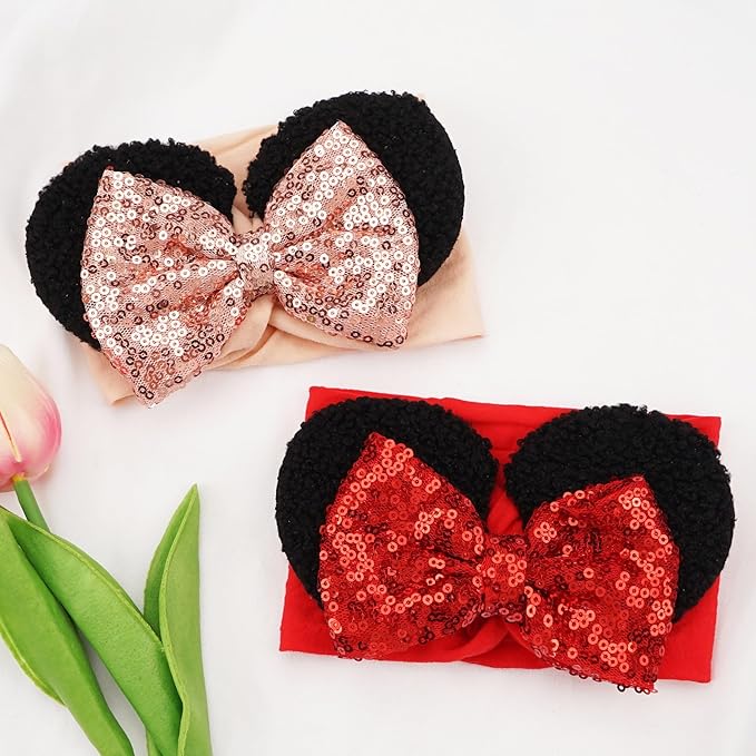 3PCS Baby Girl Mouse Ears Headbands with Sequin Bow, 4.5inches Wide Nylon Turban Hairband, Theme Park Headwear, Hair Bow Headband for Toddler, Kids, Party Supplies